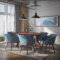 DRAKE - MINTO BLU - 7PC DINING SET - WALNUT TABLE - BLUE CHAIR